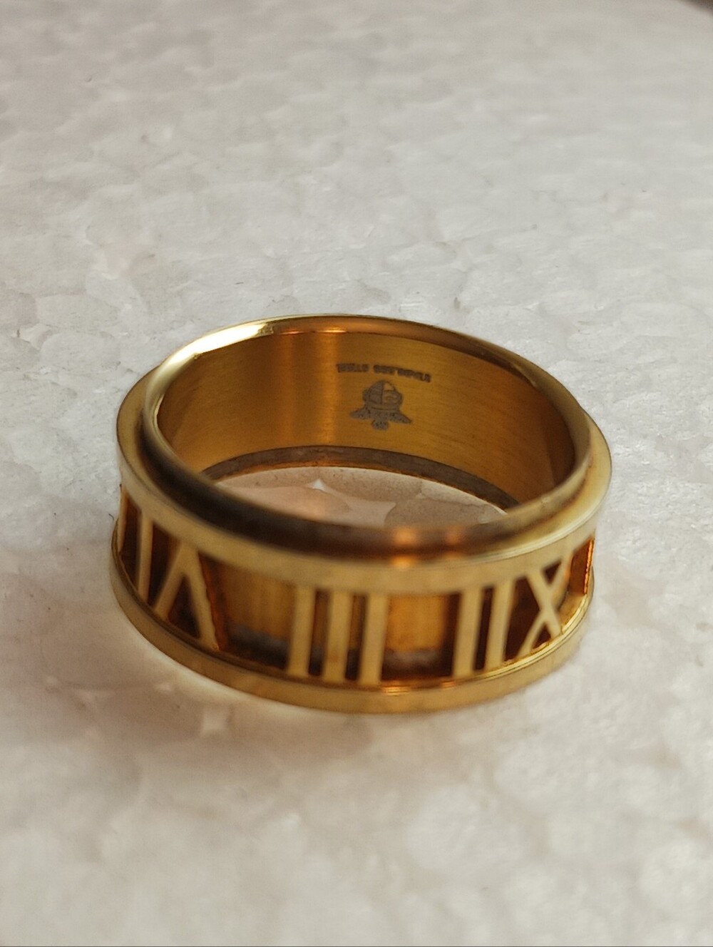 Gold Tone Stainless Steel Roman Numeral Band Ring Mens Sz 9.75